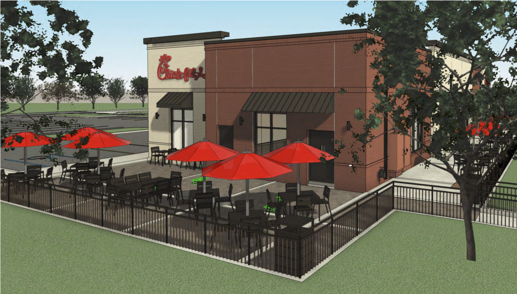 A rendering of a future chick-fil-a restaurant.